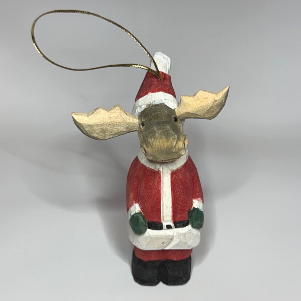 Vintage Hand-Carved Wood Moose Santa Christmas Holiday Ornament